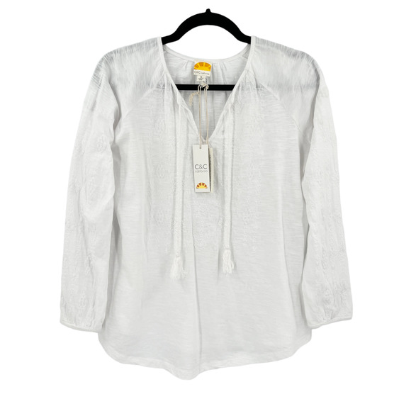 C&C California White Cotton Blouse Embroidered Peasant Top Boho Tassels - Picture 1 of 10